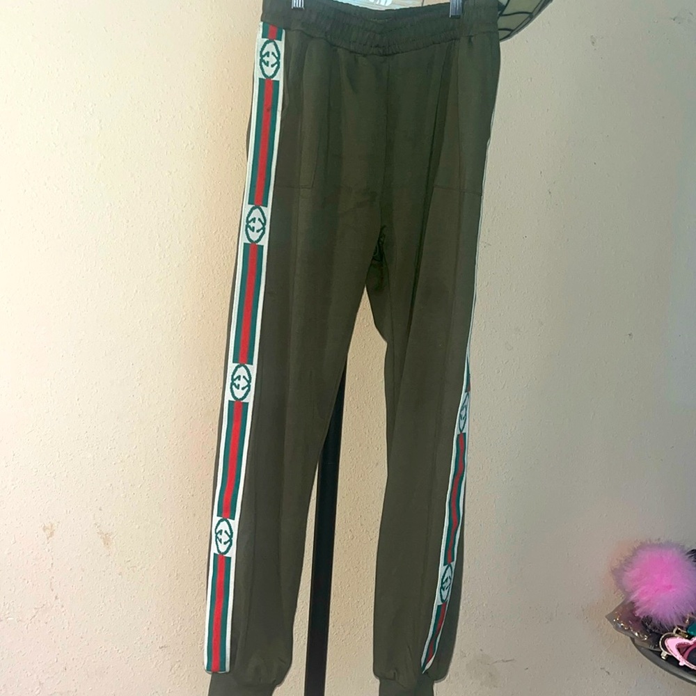 Gucci Olive Green Track Pants with Red & Green Stripe Trim